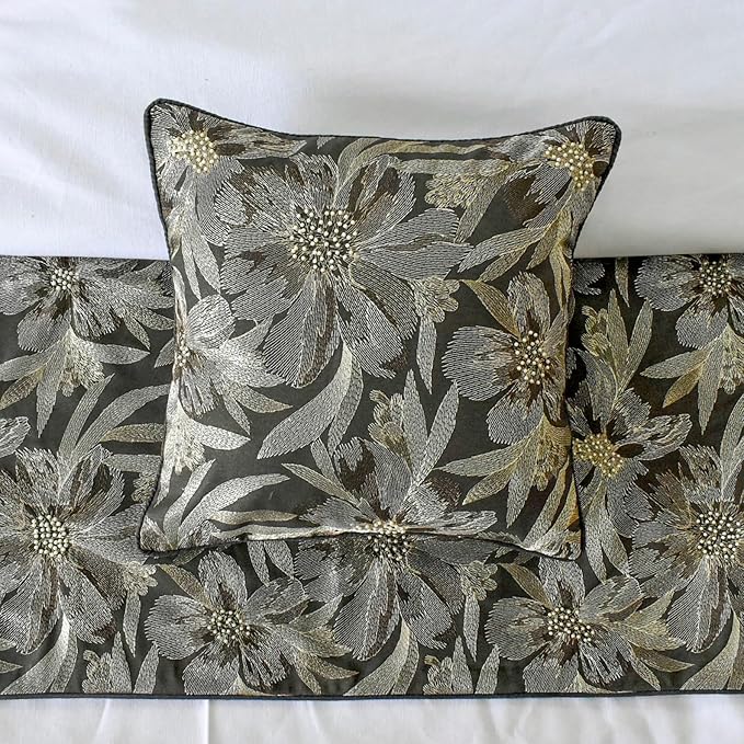 The HomeCentric King/Queen/Twin Grey Decorative Bed Runner CA King 86"x18" Bed Runner with Two Pillow Cover, Embroidery, Floral, Pearl Bed Scarf on Jacquard Fabric - Liana