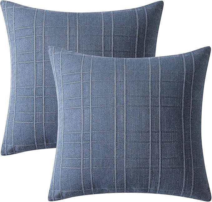 MIULEE Decorative Linen Check Euro Shams Throw Pillow Covers Neutral Farmhouse Vintage Pillow Covers 26x26 Set of 2 Boho Modern Home Decor for Sofa Couch Bedroom Cushion Blue
