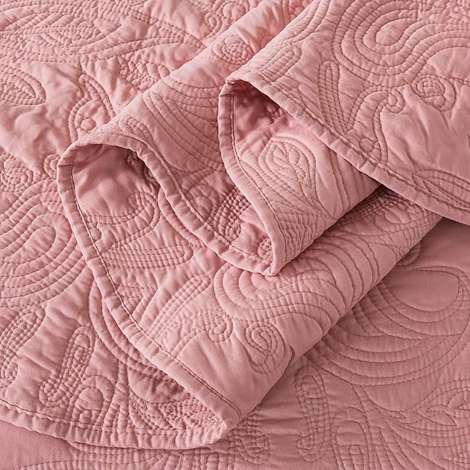 HoneiLife Queen Quilt Bedding Set - 3 Piece Microfiber Quilt Sets Lightweight Bedspreads Reversible Coverlets Rustic Bed Cover Floral Bedding Set All Season Quilts-Pink