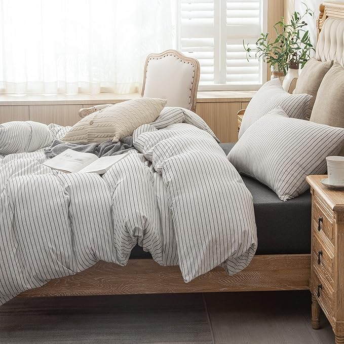 PURE ERA Jersey Knit Duvet Cover Set 100% T-Shirt Heather Cotton Super Soft Comfy Classic Striped Design, with Zipper Closure, Heather White & Black Pinstripe, Queen
