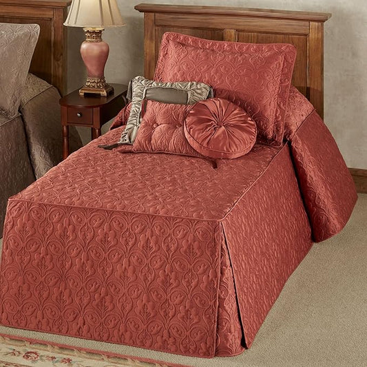 Cambridge Classic Luxury Bedding | Warm Cinnabar Solid Color Polyester Satin | Elaborate Damask Quilting | 5 Pc Bed Set: Twin Bedspread, Standard Sham, & 3 Decorative Pillows | Also Fits Twin XL Beds