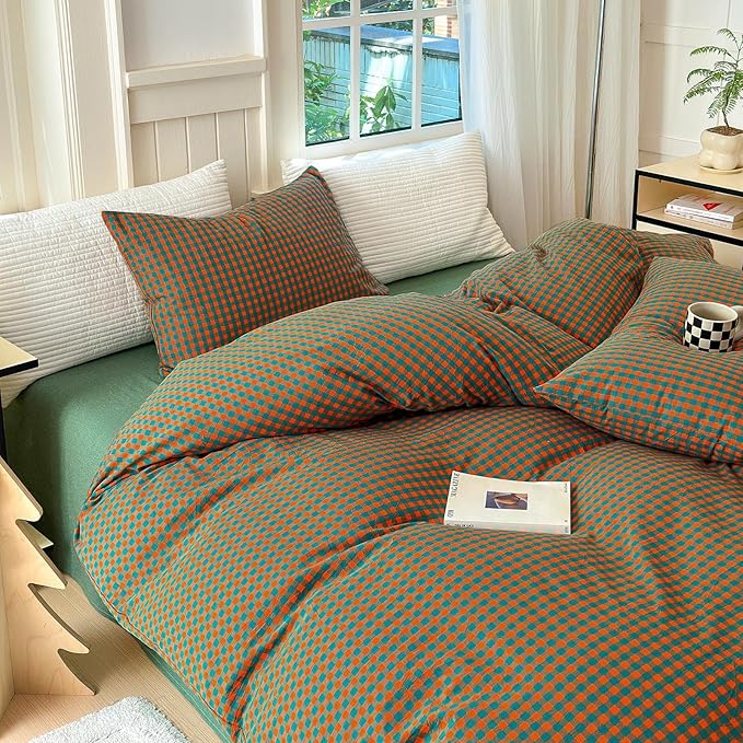 LifeTB Twin XL Comforter Set Orange Green Gingham Comforter with 2 Pillowcases Modern Style Grid Plaid Comforter Set Fluffy Soft Lightweight Gingham Bedding Set Fluffy Checkered Comforter Twin XL