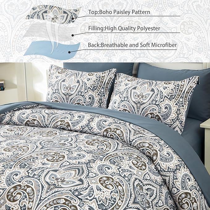 Drucon Blue Paisley Comforter Set King,7 Pieces Bed in a Bag Comforter Boho Paisley Pattern Bedding Set Soft Microfiber(1 Comforter,1 Flat Sheet, 1 Fitted Sheet,2 Pillowcases, 2 Pillow Shams)