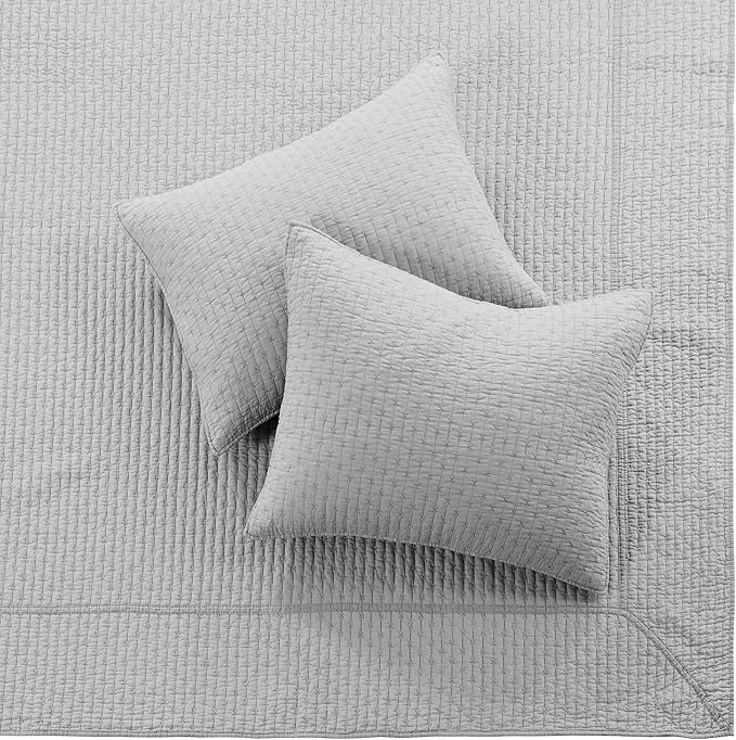Levtex Home Cross Stitch Reversible Twin Bedspread Set (84x104in) with 1 Pillow Sham (26x20in) - Stitch Texture - Light Grey - Cotton Twin Size Bedspread Set - Lightweight, Soft, Pre-Washed