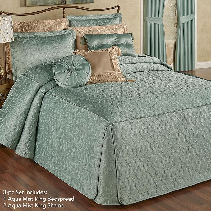 Cambridge Classic Luxury Bedding | Cool Aqua Mist Solid Color Polyester Satin | Elaborate Damask Quilting | Fitted, Oversized 24 Inch Drop | 3 Piece Bed Set Includes King Bedspread and 2 King Shams