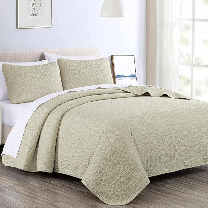 Chezmoi Collection Austin King Bedspread Set 3-Piece Pinsonic Quilted Oversized Bedspread Coverlet Set, King, Tan