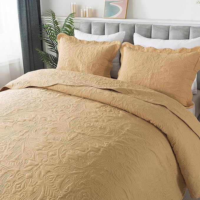 HoneiLife Embroidered Quilt King Size - 3 Piece Microfiber Quilt Sets Lightweight Bedspreads Reversible Coverlets Retro Bed Cover Paisley Pattern Bedding Set All Season Quilts-Yellow