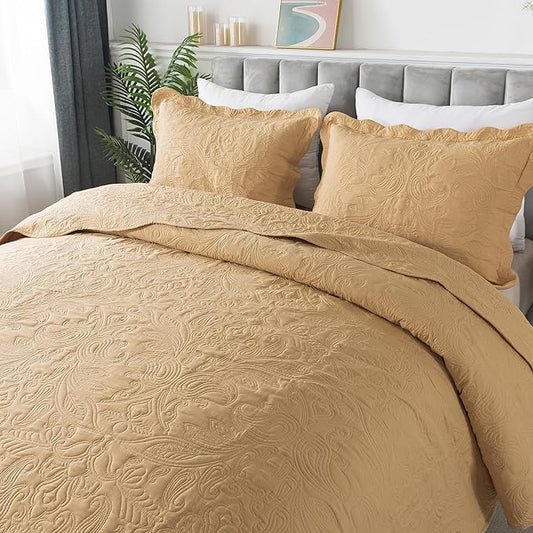HoneiLife Embroidered Quilt King Size - 3 Piece Microfiber Quilt Sets Lightweight Bedspreads Reversible Coverlets Retro Bed Cover Paisley Pattern Bedding Set All Season Quilts-Yellow