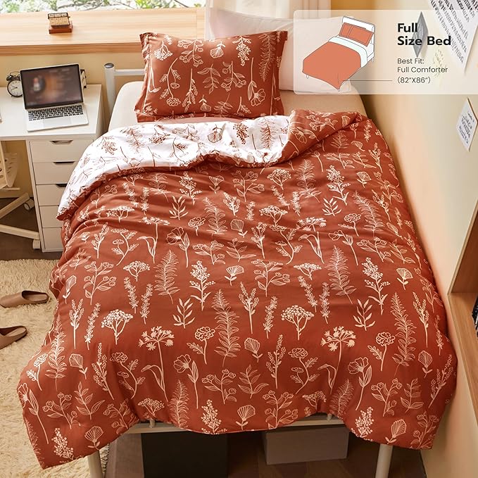 Joiedomi Full Size Comforter Set Terracotta, 3 Pieces Floral Full Bedding Set with 1 Soft Reversible Botanical Comforter and 2 Pillow Shams, Bed in a Bag for All Seasons