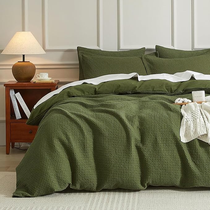 SE SOFTEXLY Waffle Duvet Cover Queen, 100% Cotton Waffle Weave Bedding Duvet Cover Set, Soft and Breathable Comforter Cover for All Season, 3 Pieces Including Pillow Shams（Green, 90”x90”）