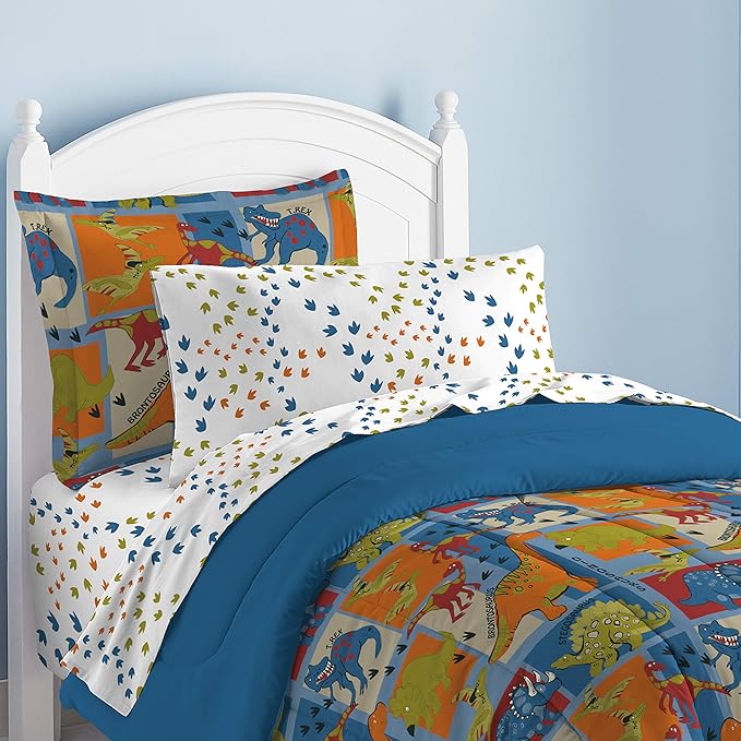 Dream Factory Dinosaur Blocks Ultra Soft Microfiber Boys Comforter Set, Blue, Twin