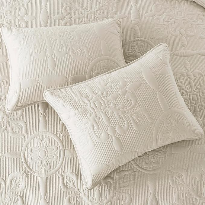 Ivory Damask Quilt Twin Size Bedding Sets with 1 Pillow Sham, Cream Boho Bedspread Lightweight Soft Farmhouse Vintage Bohemian Coverlet Retro Jacquard Pattern Bed Cover for All Season, 2 Pieces