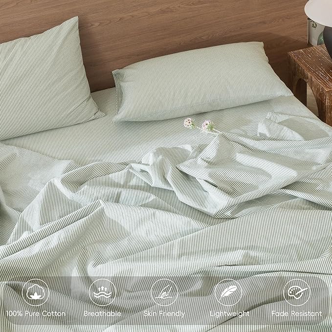 MooMee Striped Duvet Cover Set 100% Washed Cotton Linen Like Textured Breathable Durable Soft Comfy (Sage Green White Pinstripes, Palatial King/Oversized King 120"x98")