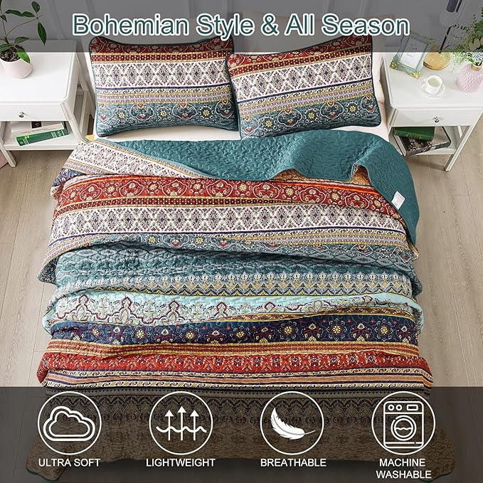 WONGS BEDDING Boho Quilt Set Twin Size, Green and Brown Bohemian Quilt Bedding Set, Lightweight Microfiber Bed Decor Bedspread for All Season 68"x86"(2 Pieces)