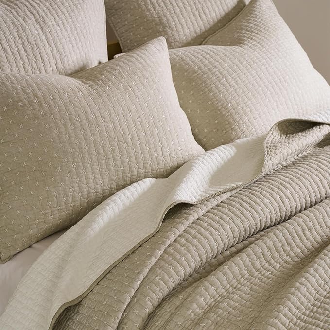 Levtex Home Cross Stitch Reversible King/Cal King Quilt Set (106x92in) and 2 Pillow Shams (36x20in) - Stitch Texture - Taupe - Cotton King Size Quilt Bedding Set - Lightweight Soft Pre-Washed