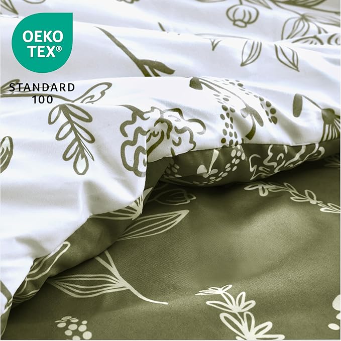 Joiedomi King Size Comforter Set Olive Green, 3 Pieces Floral King Bedding Set with 1 Soft Reversible Botanical Comforter and 2 Pillow Shams, Bed in a Bag for All Seasons