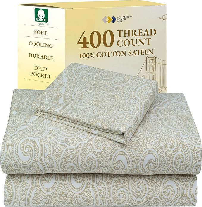 California Design Den Printed Twin XL Sheet Sets - 400 Thread Count Sateen, Natural 100% Cotton Sheets, Deep Pockets, and Durable Bedding Set - Paisley Pattern, Beige