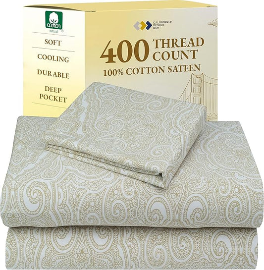 California Design Den Printed Twin XL Sheet Sets - 400 Thread Count Sateen, Natural 100% Cotton Sheets, Deep Pockets, and Durable Bedding Set - Paisley Pattern, Beige