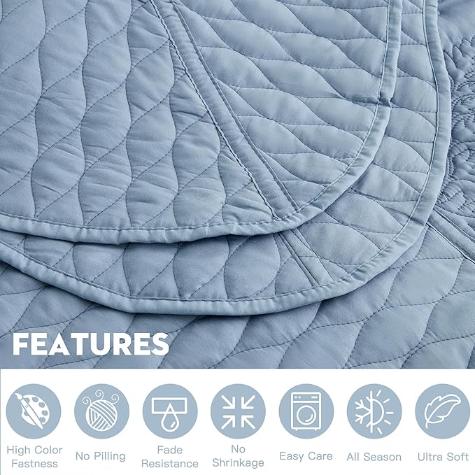 Botanical Oversized Bedspread King Size - Leaves Pattern Stitching Quilt Set - Elegant & Fresh Style Bedding Coverlets, Reversible, Lightweight, 5 Piece, Ashley Blue