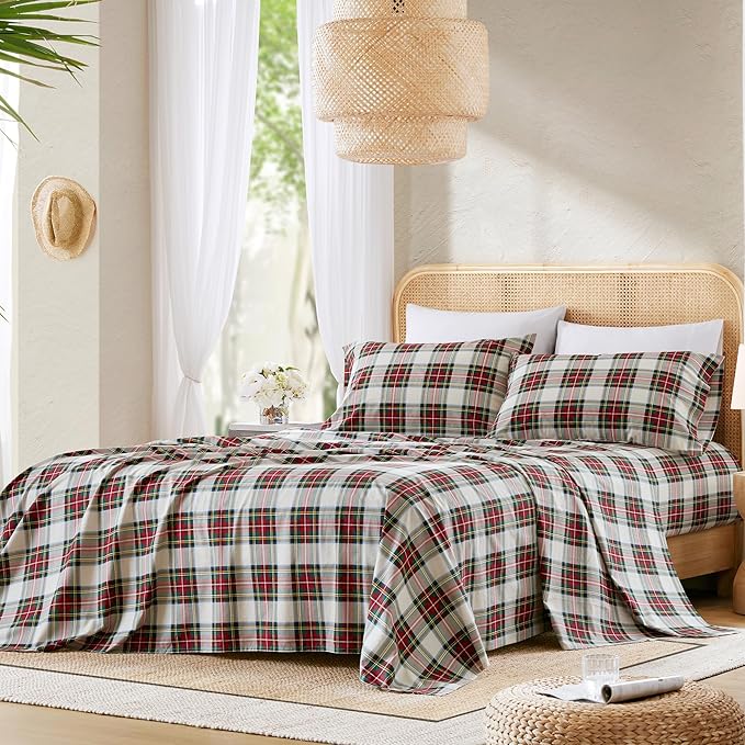 Comfort Spaces 100% Cotton Sheets Full, Breathable, Naturally Cool Cotton Sheets, Cotton Bed Sheets with 14" Elastic Pocket Fits up to 16" Mattress, All Seasons Sheet Set, Scottish Plaid Red 4 Piece