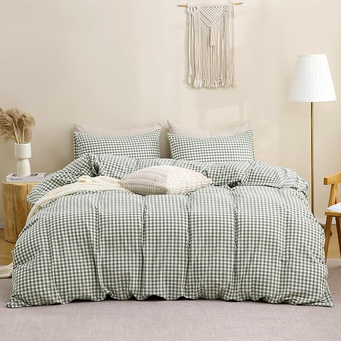 TOCOMOA Green Gingham Duvet Cover Bedding Set 100% Washed Cotton Like Linen Feel Super Soft Comfy 3 Piece Vintage Plaid Checkered Comforter Cover Set (Oversized King 120"x98", Comforter Not Included)