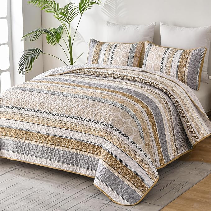 WONGS BEDDING Boho Quilt Set King Size, Brown Bohemian 3 Pieces Fall Quilt Sets, Lightweight Bedspread Coverlet Bedding Set for All Season (104"x90")