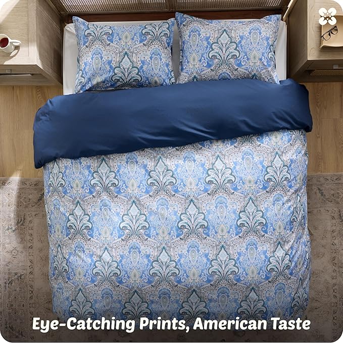 Bedsure 100% Cotton Reversible Paisley Damask Duvet Cover King Size - Classic Blue and White Pattern Comforter Cover with Zipper Closure & 2 Pillow Shams, No Comforter (Blue Paisley 104"x90")