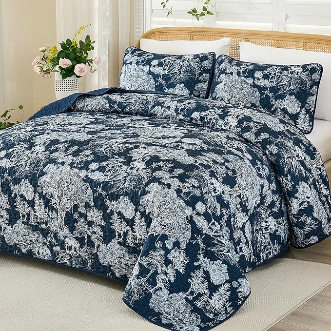 WONGS BEDDING Quilt Set Queen Size,3 Pieces Navy Blue Floral Plants Printed Bedspread Coverlet Set Soft Lightweight Toile Botanical Bedding Set for All Season (96"x90")