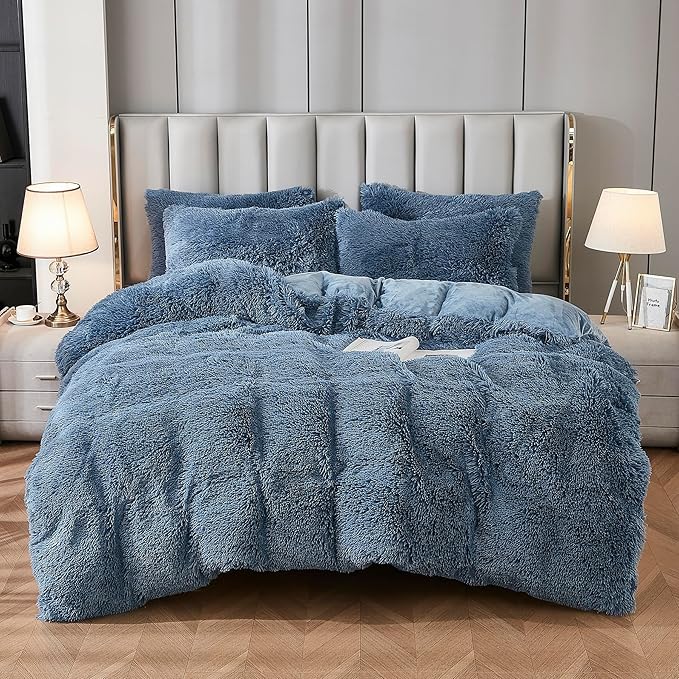 Uhamho Faux Fur Velvet Fluffy Bedding Duvet Cover Set Down Comforter Quilt Cover with Pillow Shams, Ultra Soft Warm and Luxury (King, Dusty Blue)
