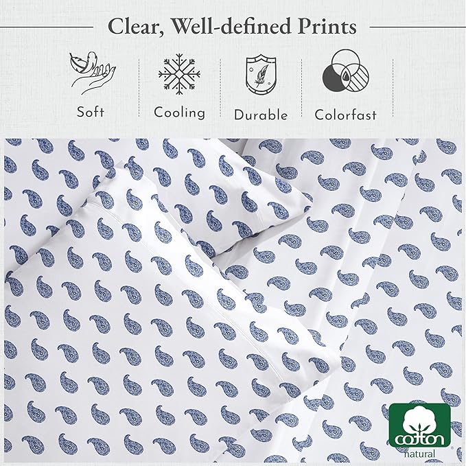 California Design Den Deep Pocket Twin Sheets Set - 400 Thread Count Sateen, Natural 100% Cotton Sheets, and Durable Bedding Set - Paisley Blue