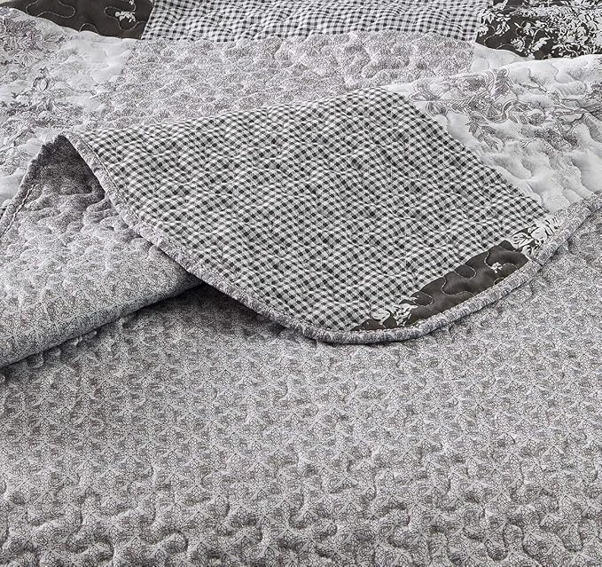 Brilliant Sunshine Grey Toile Floral Patchwork, 2-Piece Quilt Set with 1 Sham, Reversible Bedspread, Soft Lightweight Coverlet, All-Season, Twin, Grey