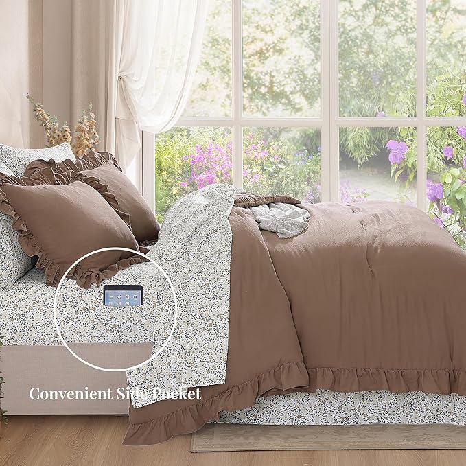 Full Comforter Set - 7 Pieces Ruffle Amber Brown Bedding Sets, Shabby Chic Farmhouse Bed in a Bag with Ruffle Comforter, Floral Sheets, Pillowcases & Shams