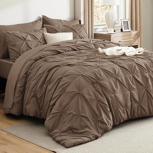 Bedsure California King Comforter Set Brown - Bed in a Bag Cal King Bedding Set 7 Pieces, GentleSoft™ Pintuck Bed Set Gift for Family, Pinch Pleat Brown Comforter with Sheets, Pillowcases & Shams