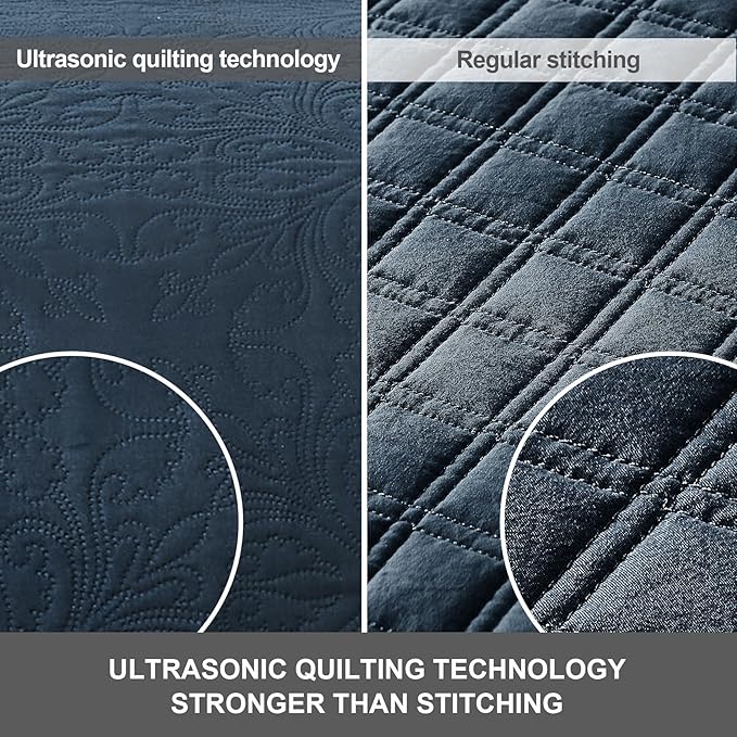 Hansleep Navy Quilt Queen Size - Baroque Ultrasonic All Season Bedspread Queen, Soft Lightweight Coverlet Bedding Set, 3 Pieces (1 Quilt, 2 Pillow Shams)