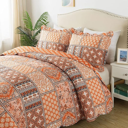 HoneiLife King Quilt Bedding Set - 3 Pieces Vintage Quilt Sets Microfiber Bedspreads Floral Coverlets Retro Bed Cover All Season Quilts-Pumpkin