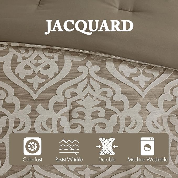 Madison Park Odette Cozy Comforter Set Jacquard Damask Medallion Design - Modern All Season, Down Alternative Bedding, Shams, Decorative Pillows, Cal King(104 in x 92 in), Tan 8 Piece