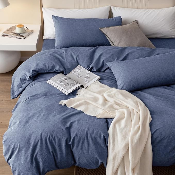 JIYUAN 100% Washed Cotton Duvet Cover Set 3 Pieces Cal King, 1 Duvet Cover 104x98 Inches(Comforter Not Included) and 2 Pillowcases,Linen Like Comfy and Breathable,Heathered Blue