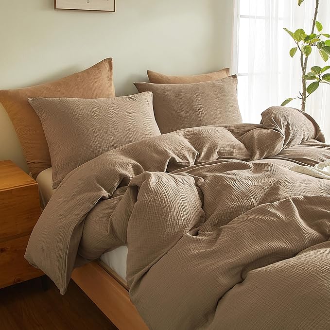 SE SOFTEXLY Muslin Duvet Cover California King Size, 100% Washed Cotton Duvet Cover Set, Ultra Soft Comforter Cover Linen Like, 3 Pieces Gauze Duvet Cover with 2 Pillowcases, 98"x104", Light Brown