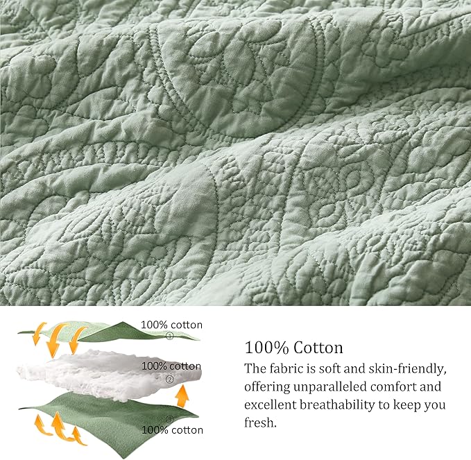 PALASSIO Sage Green Paisley 100% Cotton Quilt Queen Size Bedding Set with 2 Pillow Shams, Boho Floral Lightweight Farmhouse Country Vintage Soft Bedspread Shabby Chic Coverlet for All Season, 3 Pieces