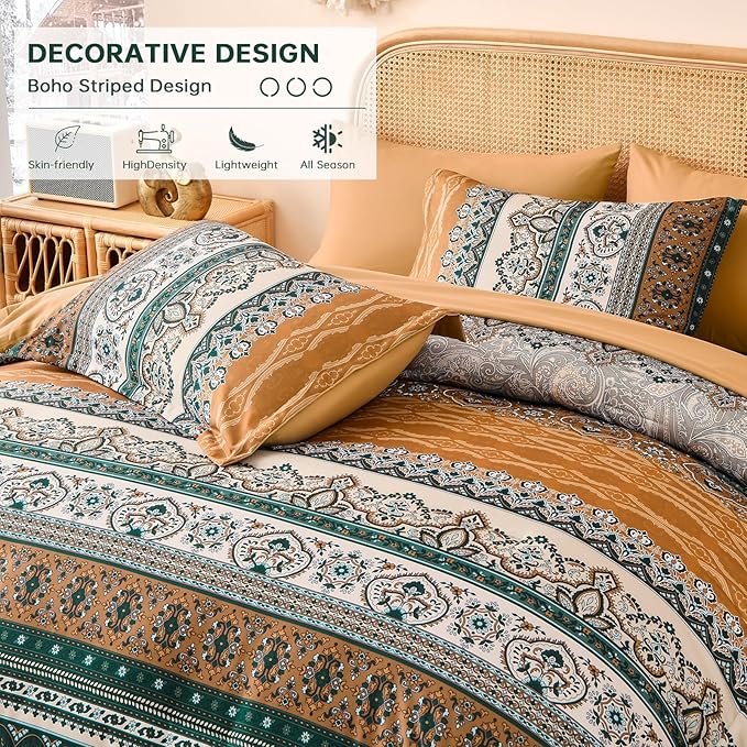 Cottolester Boho Comforter Set Queen Size,8 Pieces Brown and Green Bohemian Striped Bed in a Bag,Paisley Soft Microfiber Bedding Comforter Set