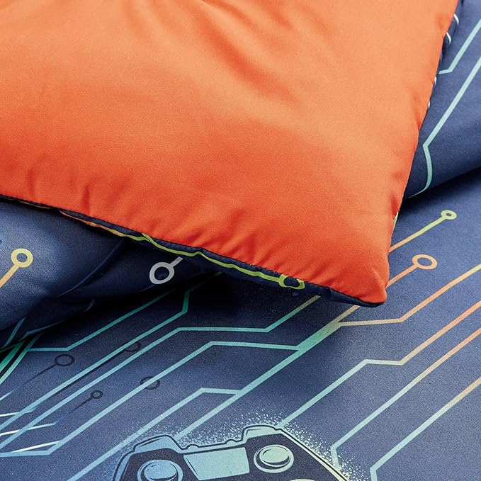 Chezmoi Collection 3-Piece Boys Twin Bedding Sets Sports Soft Microfiber Blue Orange Multi-Color Video Games Controller Skateboard Kids Comforter Set Twin Size