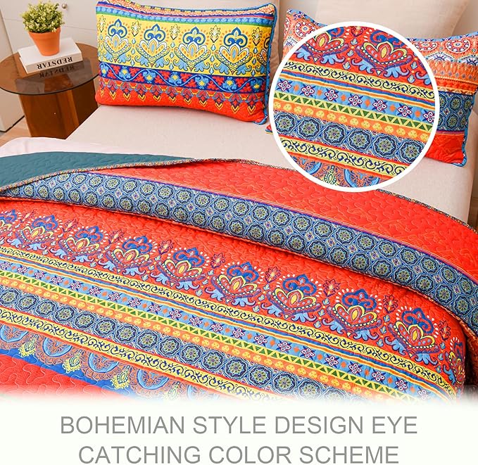 Exclusivo Mezcla Reversible Boho Quilts King Size, Blue Bedspreads Lightweight Coverlet All Season Bohemian Quilt Bedding Set with Printed Floral Pattern (1 Quilt, 2 Pillow Shams)