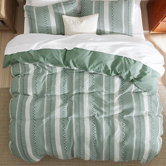 Bedsure Waffle Weave Duvet Cover Queen - 100% Cotton Boho Duvet Cover with 2 Pillowcases - Green Textured Comforter Cover with Zipper Closure (Queen, 90"x90")