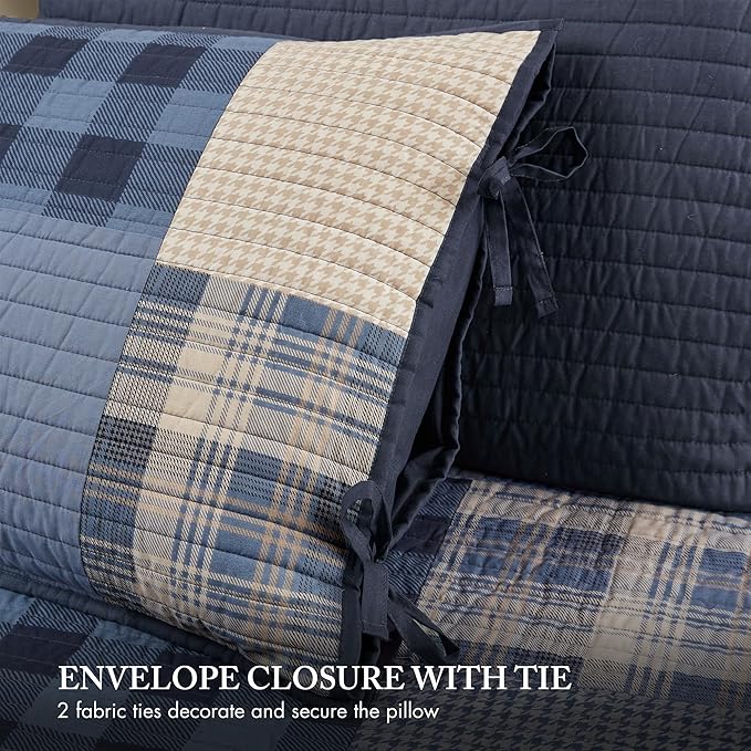Woolrich Quilt Set Patchwork Channel Quilting, Cottage Coverlet for Twin Size Bed All Seasons, Lightweight Prewashed Cotton Coverlet Bedspread, Shams, Winter Hills, Oversized Daybed Blue 5 Piece