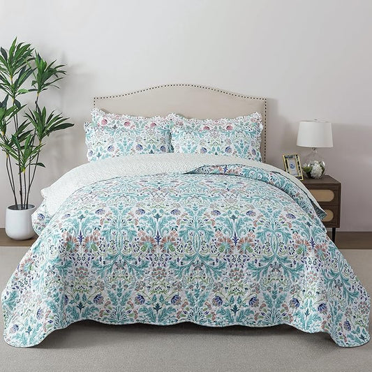 HoneiLife Queen Quilt Bedding Sets - Microfiber Quilt Sets for Queen Bed, 3-Piece Lightweight Bedspreads,Reversible Coverlets Rustic Bed Cover, Floral Bedding Sets for All Season Use