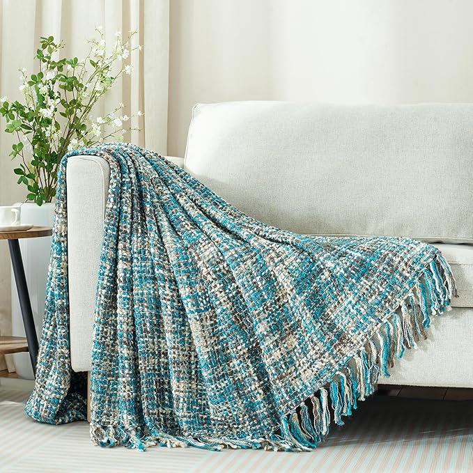 Multi-Color Teal Cable Knitted Throw Blanket for Couch,50"X60" Boho Style Textured Blankets for Home Decor,Super Soft Warm Cozy Chunky Knit Blanket with Decorative Tassels for Bed and Sofa