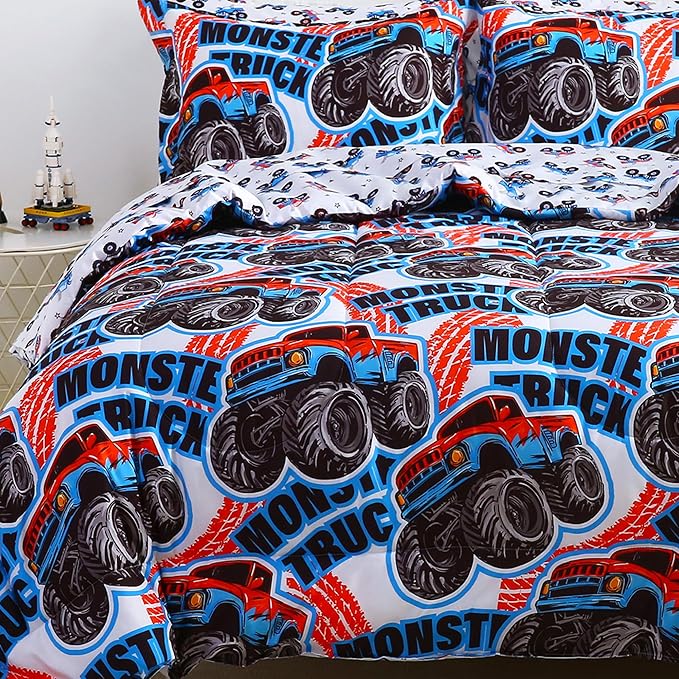 Viviland Kids Full Bedding Sets for Boys, Soft Full Comforter Set with Sheets, 7 Pieces Microfiber Bed in a Bag, Monster Truck