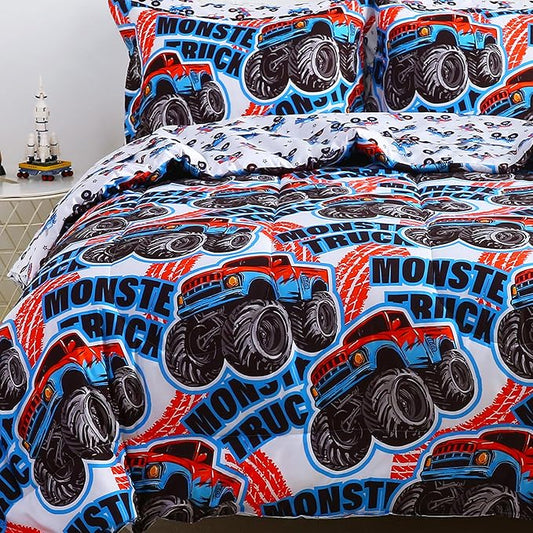 Viviland Kids Full Bedding Sets for Boys, Soft Full Comforter Set with Sheets, 7 Pieces Microfiber Bed in a Bag, Monster Truck