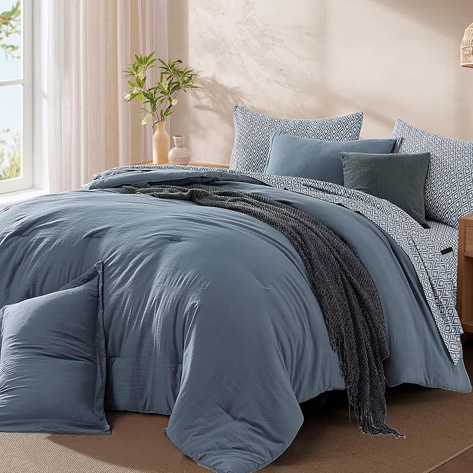 Monbix Full Size Comforter Set - 7 Pieces Oxford Blue Prewashed Bed in a Bag Full Bedding Sets with Comforters, All Seasons Ultra Soft Comforter Bed Set with Sheets,Pillowcases & Shams