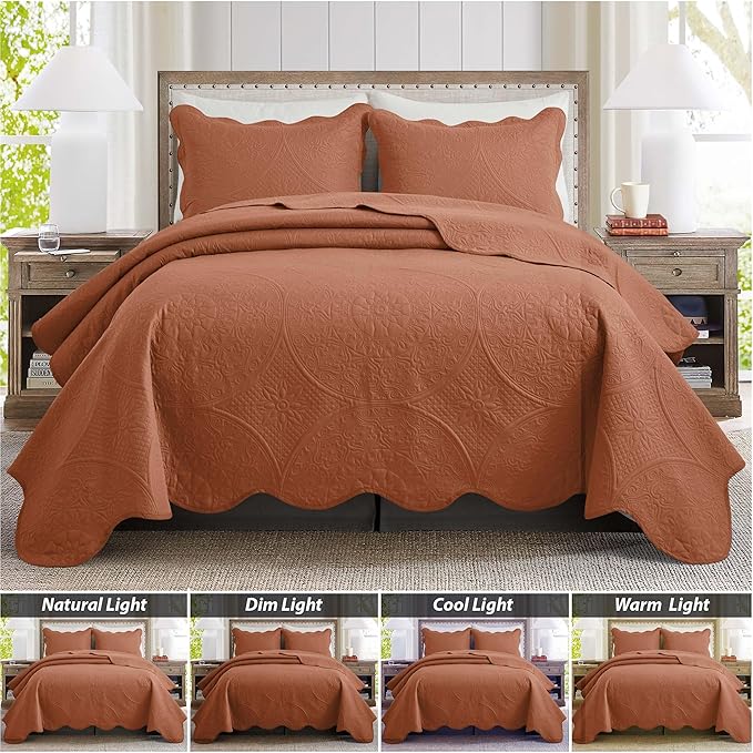 MOONLIGHT20015 10 Pack Queen Quilt Bedding Set (90" x 96") - Bulk Wholesale for Hotels, Guest Bedroom & Airbnbs - Lightweight Microfiber Reversible Floral Embossed Quilts Bedspreads (Rust)